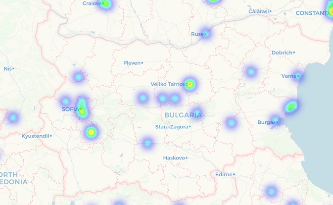 Distribución de los comercios que aceptan pagos con criptos en Bulgaria. Imagen de Coinmap.com