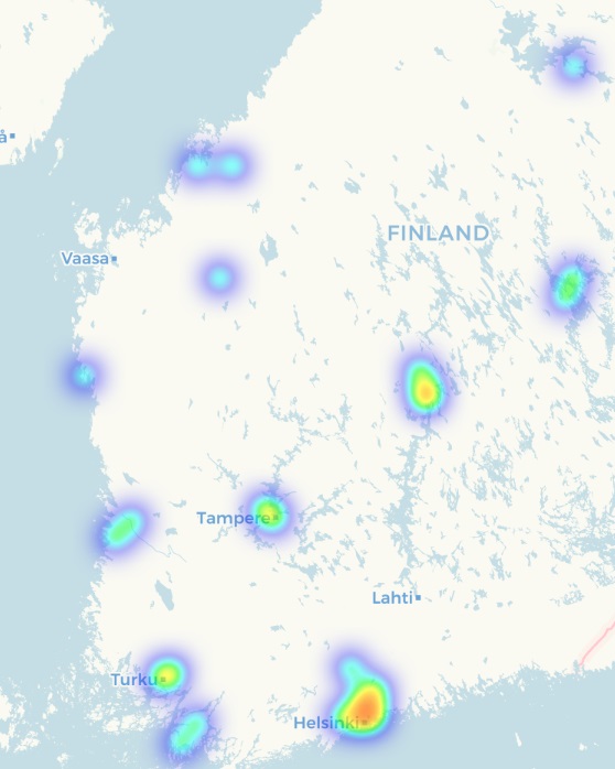 Distribución de los comercios que aceptan pagos con criptos en Finlandia. Imagen de Coinmap.com