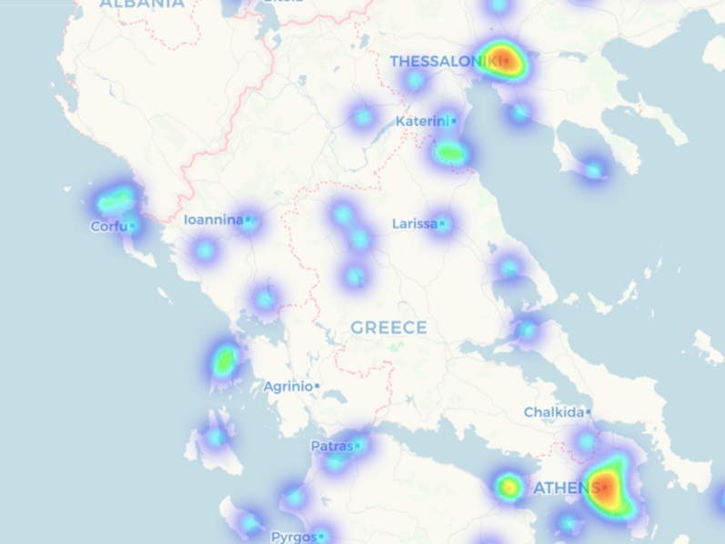 Distribución de los comercios que aceptan pagos con criptos en Grecia. Imagen de Coinmap.com