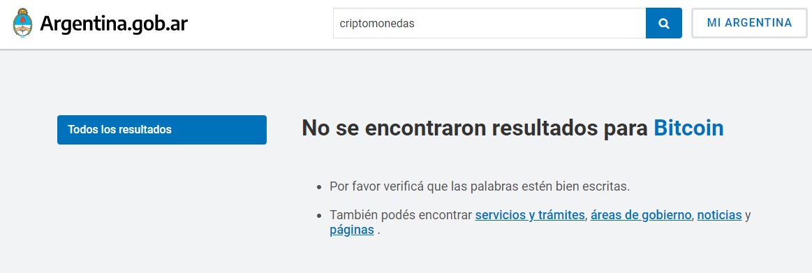 Contenido sobre Bitcoin retirado de la página web del Gobierno de Argentina. Imagen de www.argentina.gob.ar