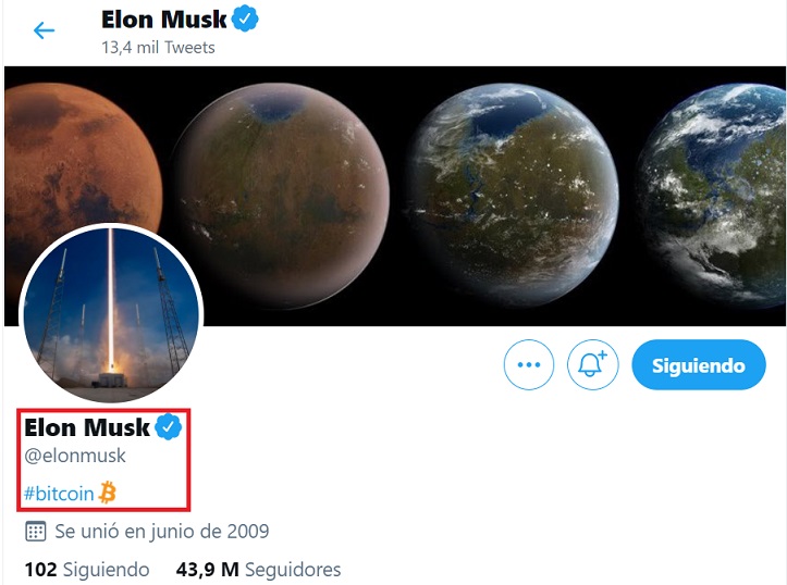 Mención de Elon Musk a Bitcoin en su perfil de Twitter