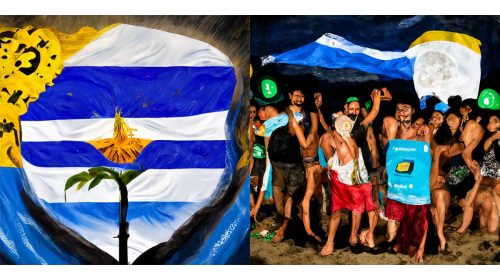 Bono Bitcoin El Salvador y Bitcoiners en una playa Salvadoreña imaginado por MidJourney AI