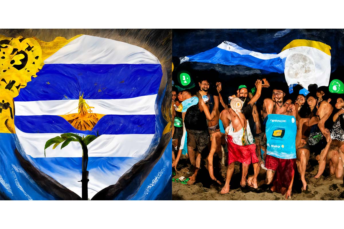Bono Bitcoin El Salvador y Bitcoiners en una playa Salvadoreña imaginado por MidJourney AI