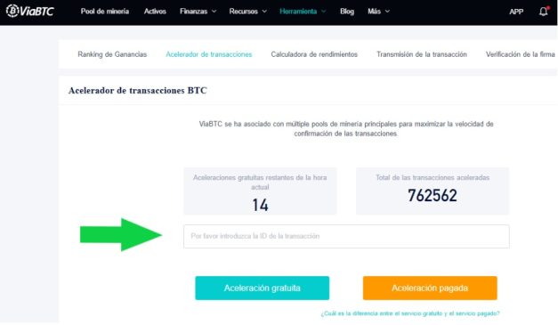 paso 2 como acelerar una transacción de bitcoin con ViaBTC