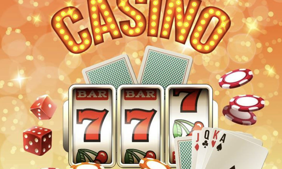 Fichas de ruleta, cartas de póker, dados y slot de tres rodillos presentes en un casino online.